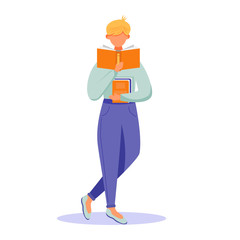 Poster - Young person reading book flat vector illustration. Student with textbook. Exam preparation. Standing man read publication, hold encyclopedia isolated cartoon character on white background