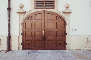 Beautiful old wooden brown door with panels in a medieval style