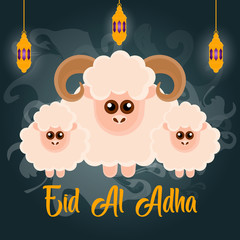 Wall Mural - Eid al Adlha poster with ram and sheeps - Vector illustration