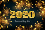Fototapeta  - Szczęśliwego Nowego Roku 2020, koncepcja kartki w języku polskim ze strzelającymi fajerwerkami, złotym i błyszczącym dużym napisem