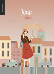 Wall Mural - Rain - walking girl -modern flat vector concept illustration of a young woman wearing skirt and hat, with umbrella, phone, walking in the rain in the street, in front of city houses and cars.