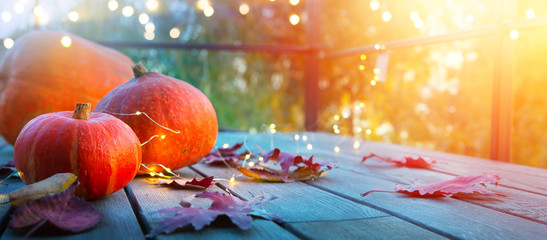Wall Mural - autumn pumpkin background, thanksgiving holiday party decoration,