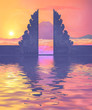 Colorful sunset view on Balinese temple portal silhouette, mountain view in clouds and water reflection. Vector illustration