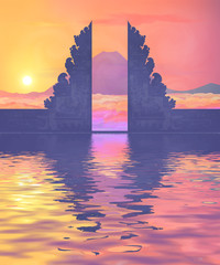 Wall Mural - Colorful sunset view on Balinese temple portal silhouette, mountain view in clouds and water reflection. Vector illustration