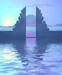 Wall Mural - Blue vector Balinese temple portal sunrise silhouette with mountain and clouds view and water reflection
