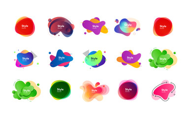 Fototapete - Irregular liquid shapes set. Colorful abstract badges with sample text. Trendy minimal templates for presentations, banners, flyers and posters. Vector illustration
