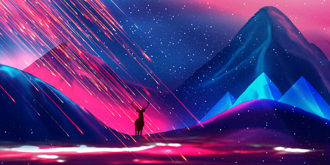 Wall Mural - abstract night landscape of mountains. beautiful neon background, deer silhouette, flicker, abstract