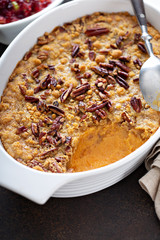 baked sweet potato casserole with pecan topping