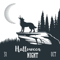 Halloween night concept. Full moon, rock, trees and howling wolf. Cartoon vector illustration