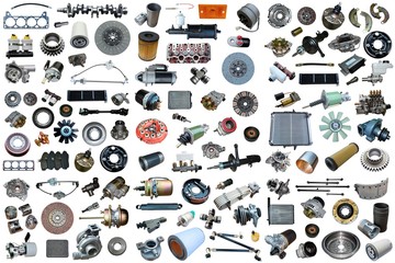 Wall Mural - Auto spare parts car on the white background. Set with many isolated items for shop or aftermarket