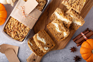 Wall Mural - Pumpkin bread or cake with cream cheese filling, food gifts concept