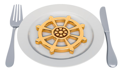 Poster - Buddhist Lent concept. Plate with Dharmachakra. 3D rendering