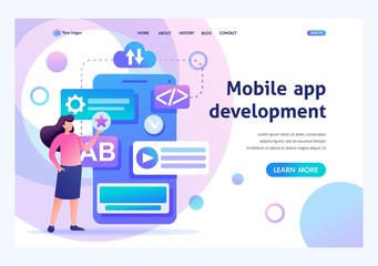 Poster - Young girl is engaged in the creation of a mobile application, working on the phone screen. Flat 2D character. Landing page concepts and web design
