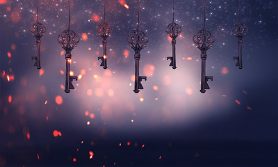 Wall Mural - vintage key on abstract bokeh background. magic background with an object in the center, neon light,