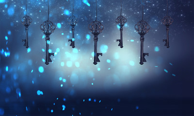Wall Mural - vintage key on abstract bokeh background. magic background with an object in the center, neon light,