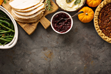 Thanksgiving dinner table with copy space overhead view