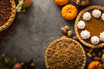 Wall Mural - Traditional Thanksgiving pies with copy space overhead view