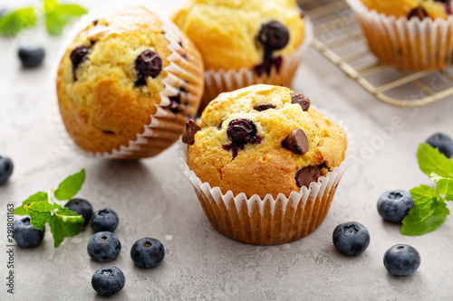 Fotomural Chocolate chip and blueberry muffins with milk