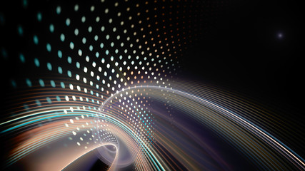 Poster - Abstract background element. Fractal graphics series. Composition of glowing lines and mosaic halftone effects. Wide format high resolution image. 3d illustration