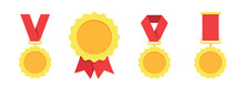 Gold, Silver, Bronze Medal. 1st, 2nd And 3rd Places. Trophy With Red Ribbon. Flat Style - Stock Vector.
