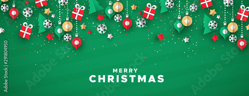 Cuadros en Lienzo Merry christmas banner of paper art holiday icons