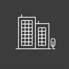 Poster - Multi-storey building chalk icon. Apartment houses and tree. Multistorey housing, modern condo. City accommodation, hotel, business center exterior. Isolated vector chalkboard illustration