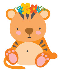 Wall Mural - Tiger with flowers, illustration, vector on white background.