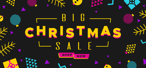 Wall Mural - christmas sale banner in the style of the 80s with multicolored balls, fir branches and gifts. illus