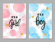 Baby shower card set. Watercolor invitation cards design for baby shower party - girl and boy