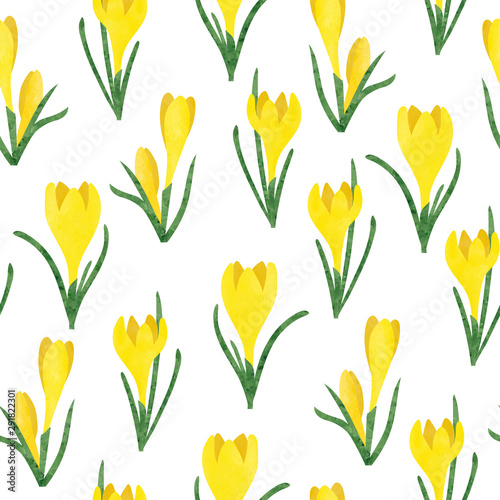 Seamless watercolor yellow crocus flowers pattern. Vector spring illustration.
