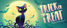 Happy Halloween Invitation. Holiday Trick Or Treat Banner. Cartoon Black Cat  And Bat On The Full Moon Background. Greeting Card. Watercolor Design. Vector Illustration.
