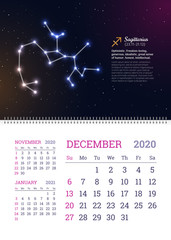 Wall Mural - Wall calendar for December 2020 year with Sagittarius zodiac constellation. Sagittarius star sign on deep space background. Astrology horoscope with personality traits vector illustration