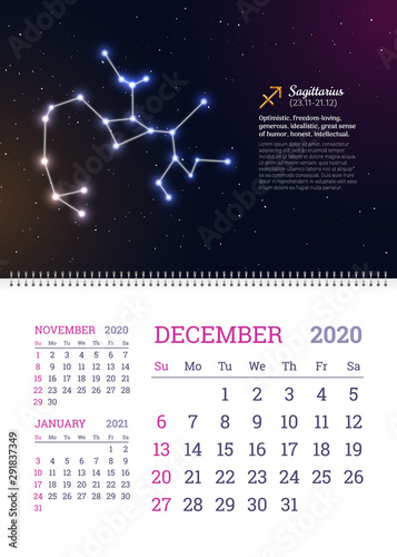 Wall Calendar For December Year With Sagittarius Zodiac Constellation Sagittarius Star Sign On Deep Space Background Astrology Horoscope With Personality Traits Vector Illustration Buy This Stock Vector And Explore Similar