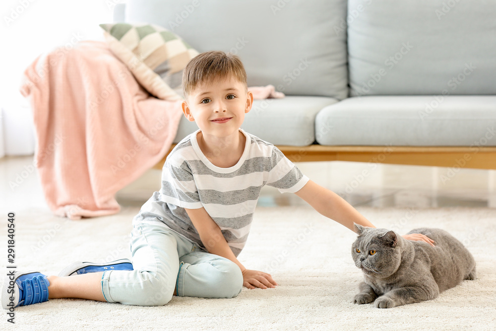 Little boy with cute cat at home