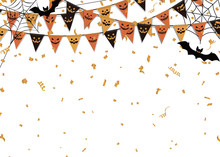 Halloween Party Background. Party Flag, Spider Web And Bat.