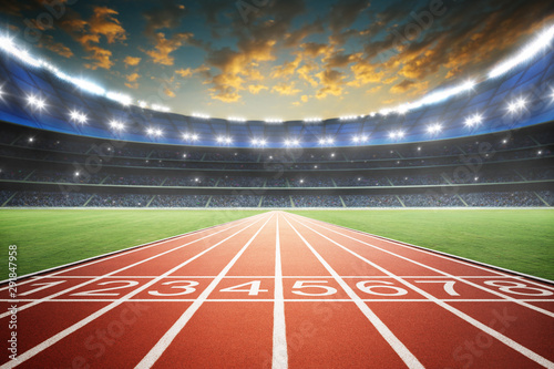 Fotografía Athlete running track with number on the start in a stadium