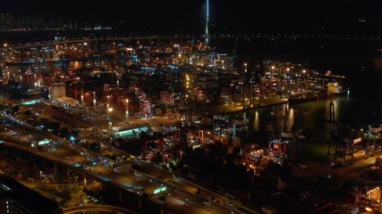 Aufkleber - Aerial view of Hong Kong Container Terminal at night