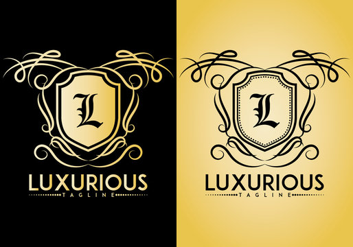 Vintage Luxurious logo with badge and custom brush swirl isolated on background. Letter logo, Initials logo, suitable for any company, ready to print, easy to edit, organized layer.
