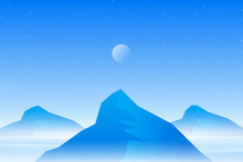Winter Mountain Nature Landscape With Blue Sky And Full Moon Illustration