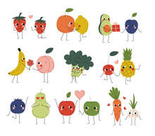 Collection Of Cute Cheerful Vegetables, Fruits And Berries Characters Holding Hands, Hugging, Kissing And Giving Gifts, Best Friends, Happy Couples In Love Vector Illustration