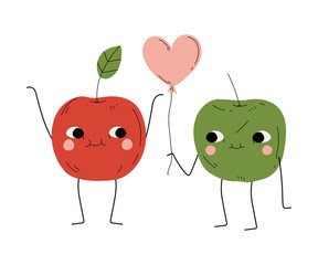 Wall Mural - Cute Apples with Pink Balloon in Shape of Heart, Cheerful Fruits Characters with Funny Faces, Best Friends, Happy Couple in Love Vector Illustration