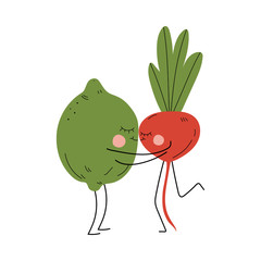 Canvas Print - Cheerful Vegetable and Fruit Characters with Funny Faces, Best Friends, Happy Couple in Love Vector Illustration