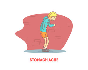 Sticker - Stomach Ache Banner Template, Boy Suffering from Abdominal Pain Vector Illustration