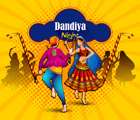 Wall Mural - easy to edit vector illustration of Indian people dancing Garba dance for Dandiya Disco Night event on Navratri Dussehra festival of India