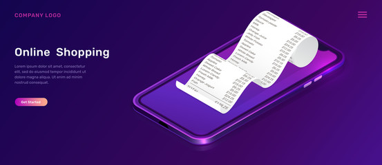 Poster - Online shopping, isometric concept vector illustration. Smartphone screen with curled paper check, receipt or bill isolated on ultraviolet background, landing web page for mobile app