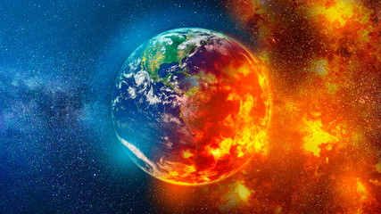 View of planet earth burning in space red and blue