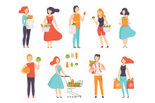 People With Bags With Healthy Food, Men And Women Doing Shopping At The Grocery Shop Vector Illustration On A White Background