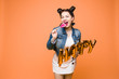 © Вячеслав Косько - Fashionable womancelebrating a party event having fun and smiling with balloons