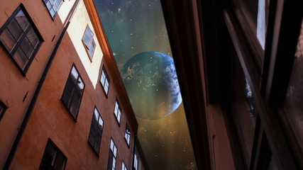 Wall Mural - house with world view. night time and surrealistic 3d rendering, colonization on different planet wh
