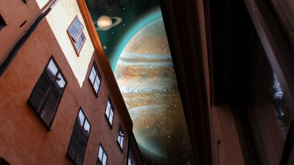 Wall Mural - house, building with cosmos view. jupiter, saturn and uranus. surrealistic 3d rendering. solar syste